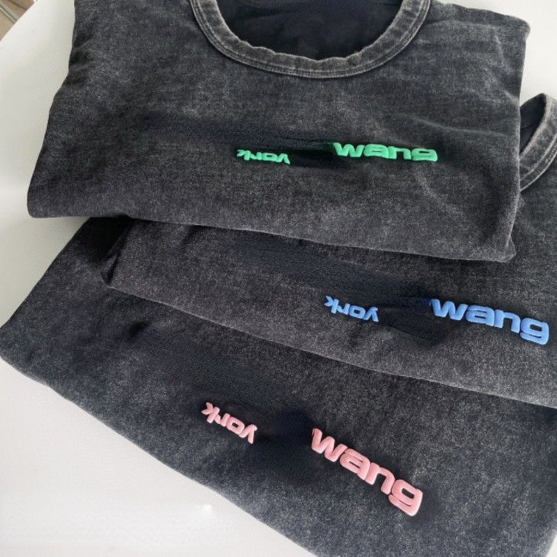 

Aw t shirt mens Designer Top Classic Washed Distressed Round Neck Short Sleeve Pullover Letter Wang Pure Cotton Large Size Loose Casual Shirt, Green