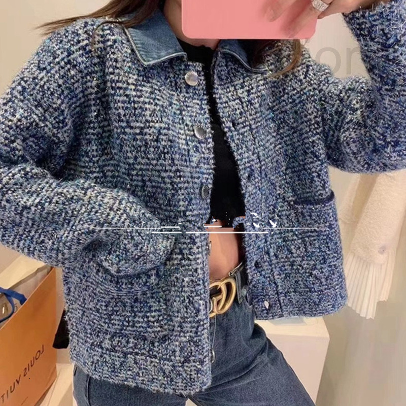 

Women' Sweaters designer French single autumn winter 2022 square neck denim splicing bright silk blouse for women, 2# packing bag