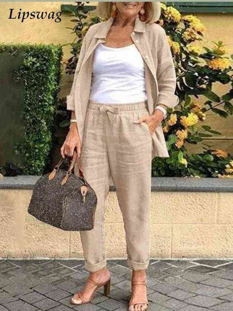 

Women's Two Piece Pants Casual Women's Cotton Linen Outfit Spring Summer Fashion Lapel Buttoned Cardigan And Long Pantsuits Female Elegant Two Piece Set T220902, 03 gray