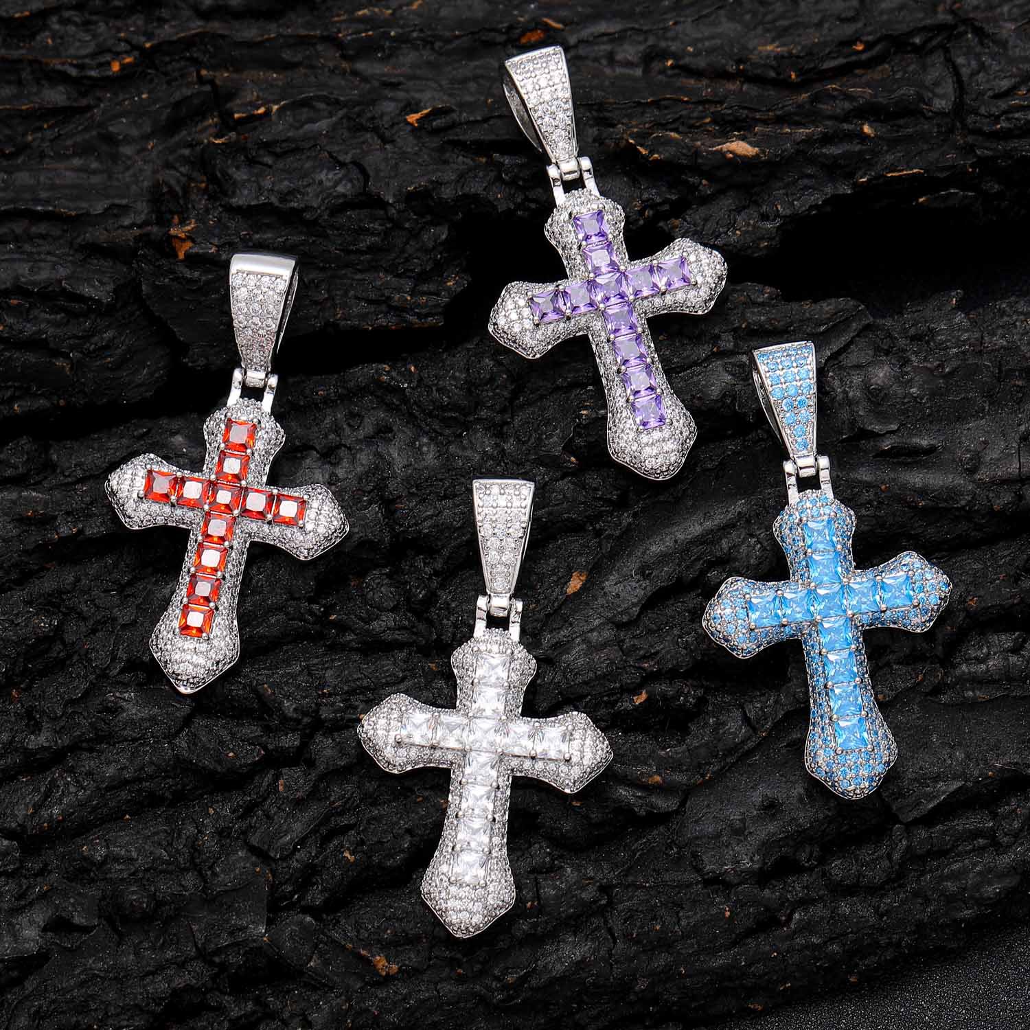 

Hip Hop Full Colorful Cubic Zirconia Cross Pendant Necklace Religious Jewelry