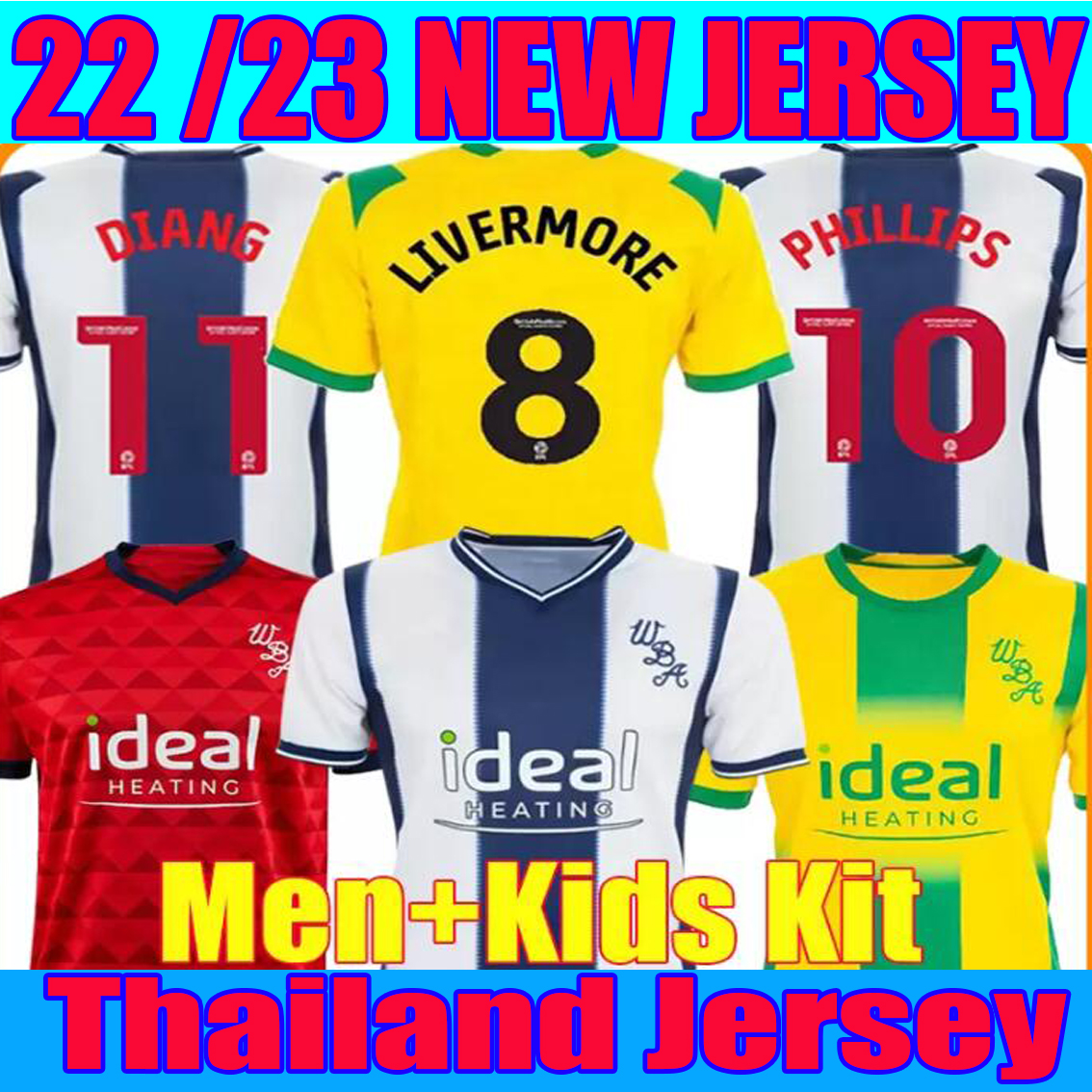 

22 23 West Bromwich Soccer Jerseys LIVERMORE DIANG BRUNT Albion football shirt Robinson GRANT Mowatt 2023 2022 Home Away PHILLIPS adult Men Kits full sets uniforms, 22-23 away