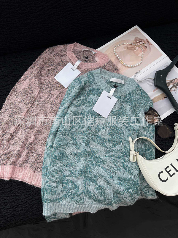 Women's Sweaters designer Nanyou D home carving 22 autumn winter new product flower color contrast elegant Mohair round neck woolen sweater-image-799334286