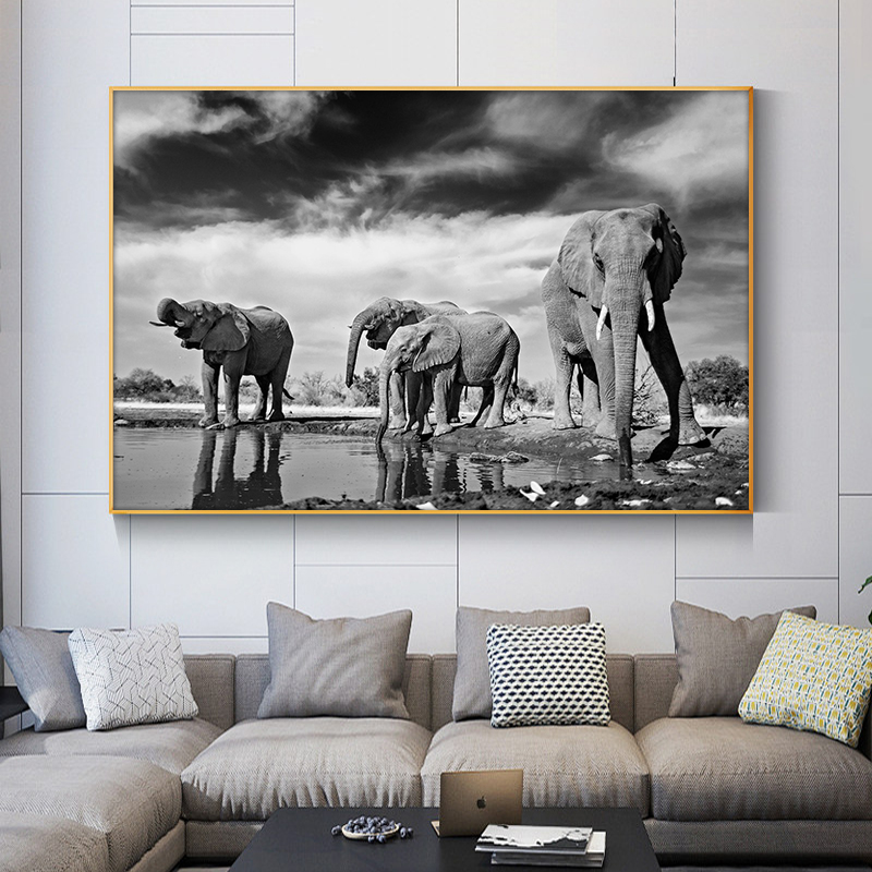 

Black and White Animal Art Wild Elephant Landscape Canvas Painting Posters and Prints Cuadros Wall Art Picture for Living Room