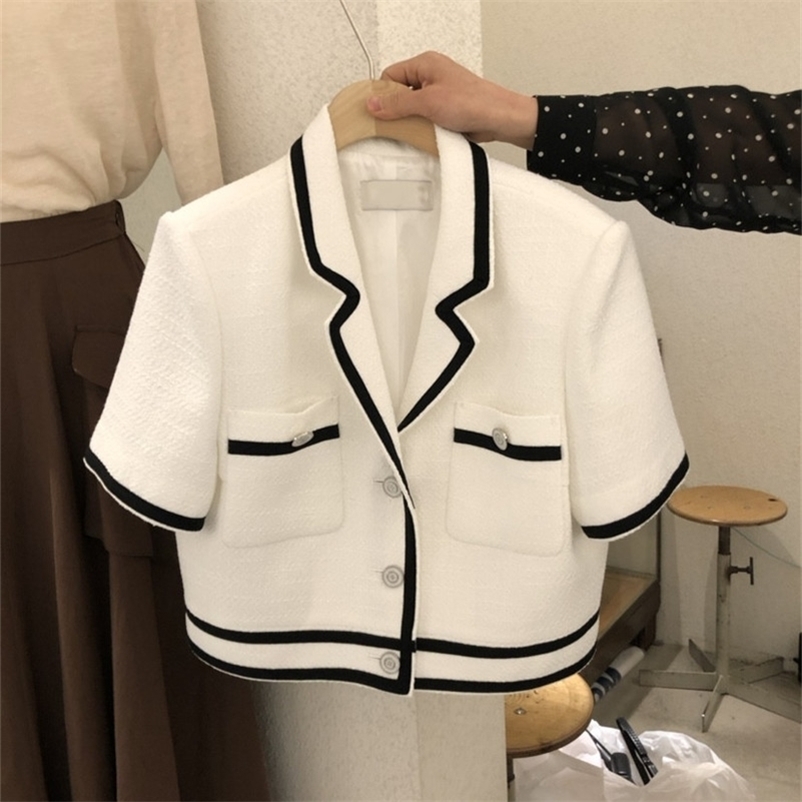 Parkas pour femmes tempérament coréen Tweed blanc à manches courtes veste pour femme culture mode été mince costumes noirs laine Cardigan haut 22