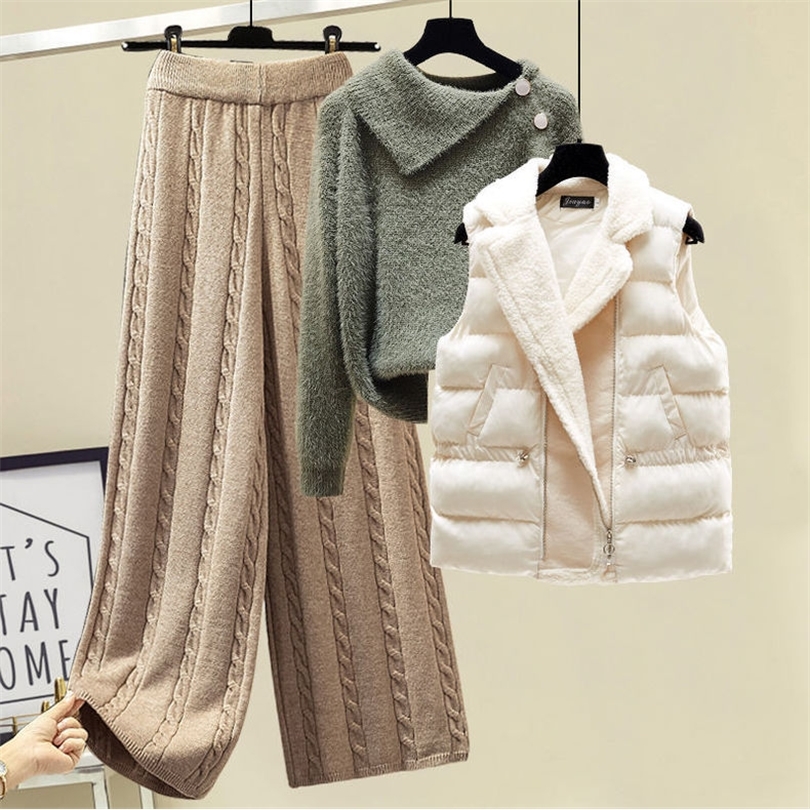 Pantalon de deux pièces pour femmes de haute qualité hiver chaud survêtement femmes pull doux épais pantalon à jambes larges gilet en laine d'agn