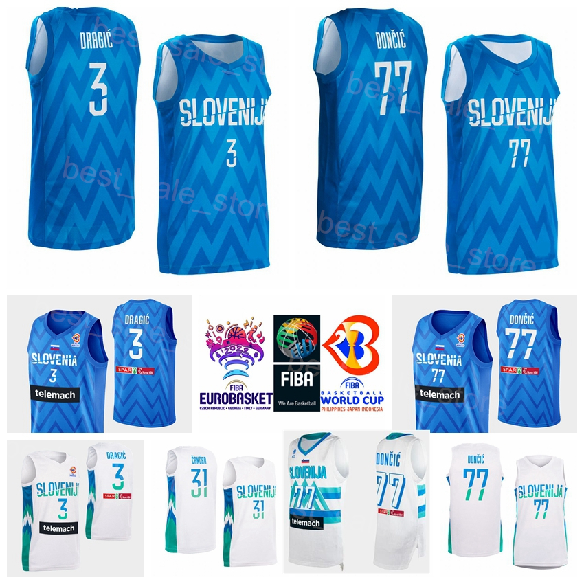 

Print 2022 EuroBasket Slovenia Basketball Luka Doncic Jersey 77 3 Goran Dragic 10 Mike Tobey 11 Jaka Blazic 30 Zoran Dragic 8 Edo Muric National Team Blue White Shirt