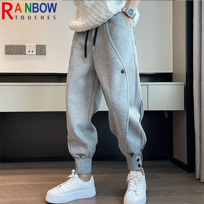 

Mens Pants Rainbowtouches Brand Mens Casual Sports Pants Fashion Bind feet Button Outdoors Men Elastic Zipper Bunched Foot Trousers 220906, Grey