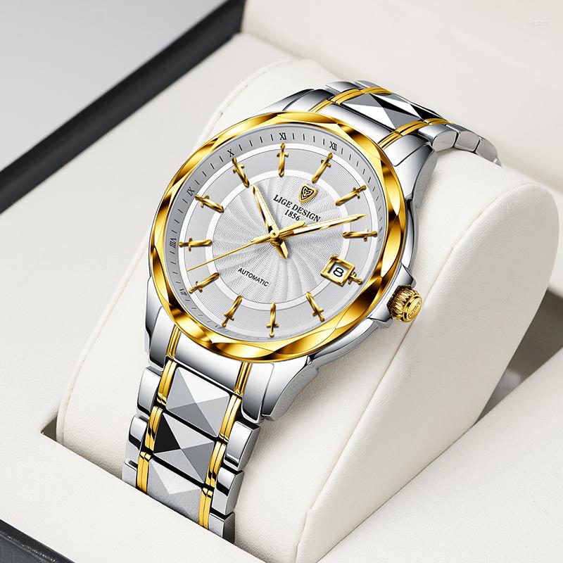 

Wristwatches LIGE Sapphire Glass Automatic Mechanical Watch Luxury Tungsten Steel 50m Waterproof Business Men Watches Reloj Hombre, All yellow