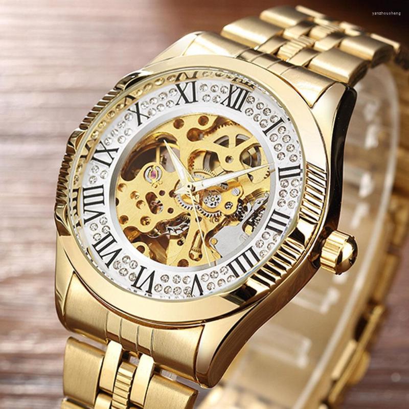 

Wristwatches Luxury Gold Watches Men Stainless Steel Automatic Mechanical Skeleton Luminous Diamond, 14214gold white