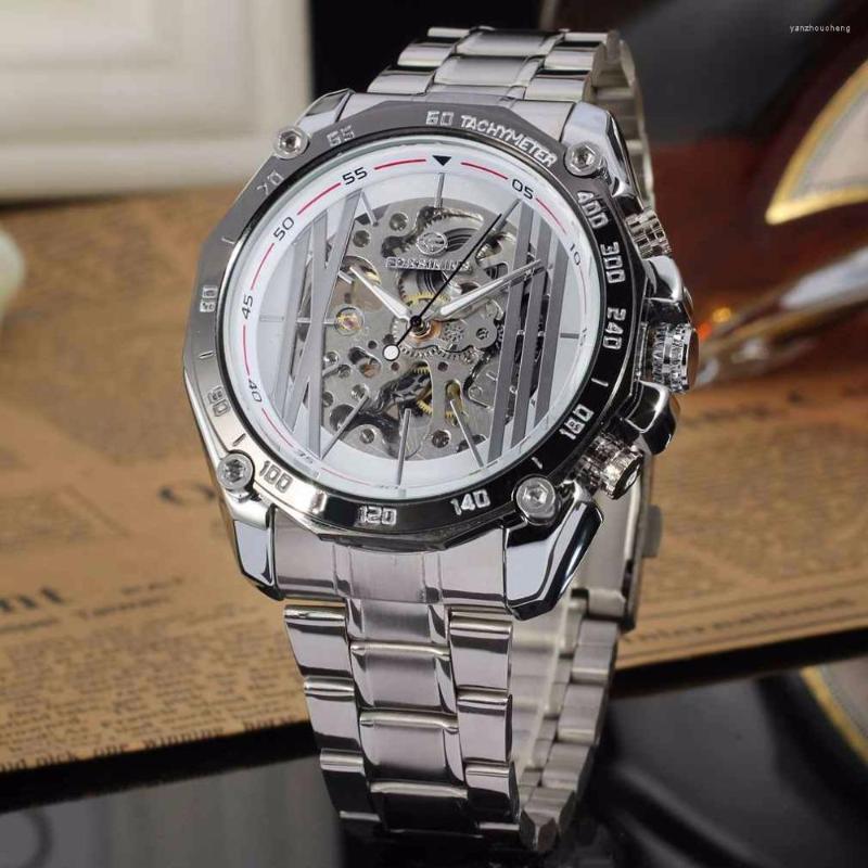 

Wristwatches Transparent Skeleton Steampunk White Dial Silver Tone Stainless Steel Band Mens Watches Automatic Mechanical Wrist Gift