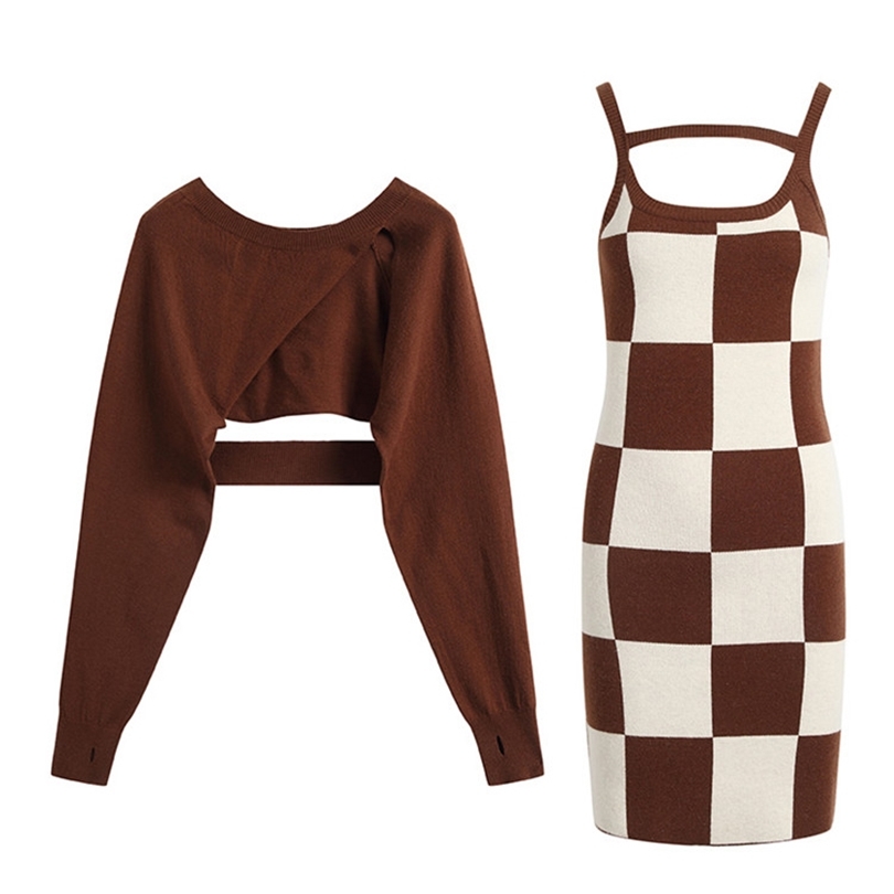 Deux pièces robe mode décontracté tricoté deux pièces ensemble femmes Oneck à manches longues haut court pull treillis camisole robe ensembles YK