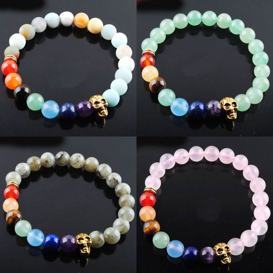 Men's Labradorite Skull Chakra Beads Strand - 7 Chakra Bracelet with Elastic Band, Set of 10 for Yoga & Meditation BK26-image-799782785