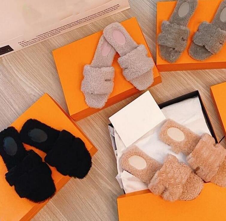

High Quality Wool Slippers Sheepskin Slides Designers Winter Plush Fur Fuzzy Slide Classic Casual Flat Bottom Sandals Rubber Sole Warmth Flats Slipper, Orange