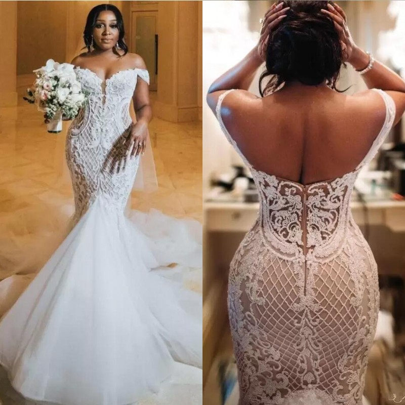 

Sexy Off the Shoulder Mermaid Wedding Dresses 2022 Arabic Aso Ebi Lace Backless Vestidos De Novia Court Train Bridal Gowns Plus Size BC14373 B0906, Ivory