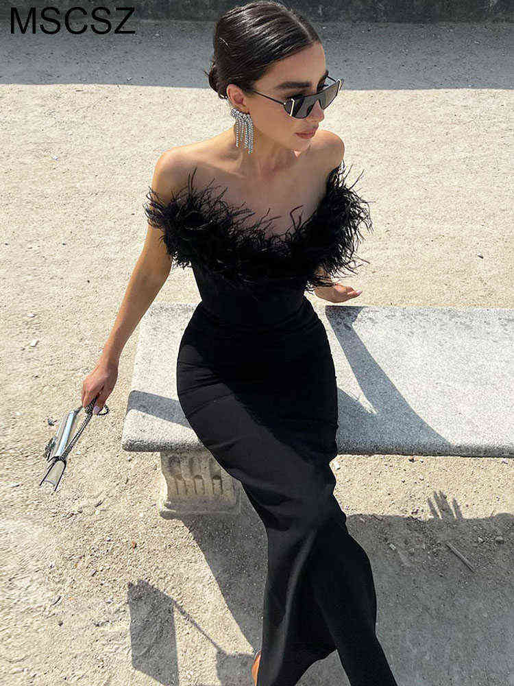 

Elegant Strapless Long Party Dresses Women 2022 Sexy Sleeveless Backless Midi Dress Bodycon Feather Formal Evening Dress T220819, Black