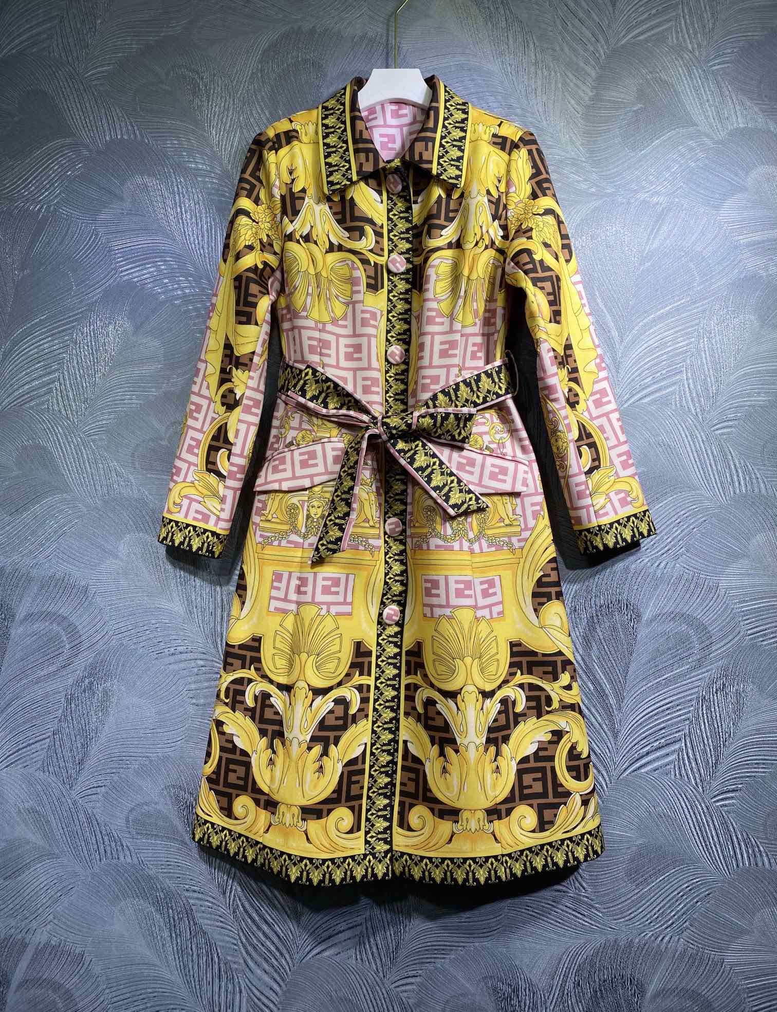 

Women's Trench Coats 2022 autumn new Lapel print with belt long sleeve trench coat, Multi