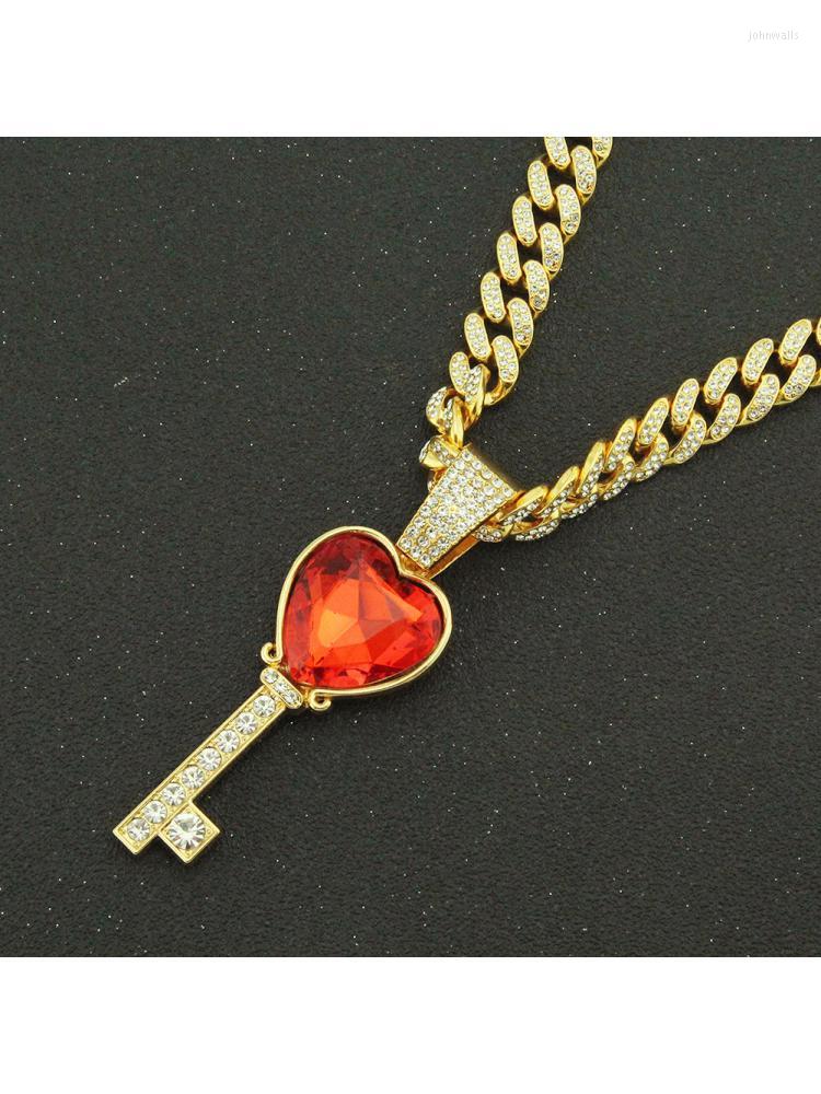

Pendant Necklaces 2022 Fashion Hip Hop Red Crystal Key Necklace 13mm Miami Curb Link Cuban Chain Choker Jewelry For Men/women 24"
