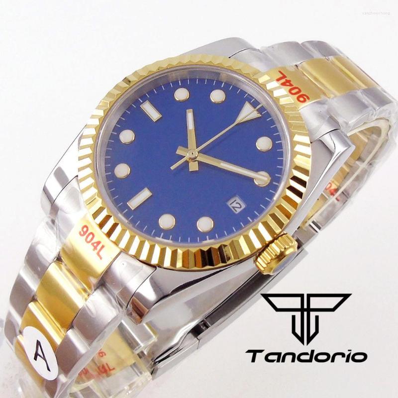

Wristwatches Gold Plated 36mm/40mm Sapphire Men's Automatic Watch Japan Miyota 8215 Blue Face Fix Bezel Oyster Two Tone Band Date Window, Mingzhu2813 movement