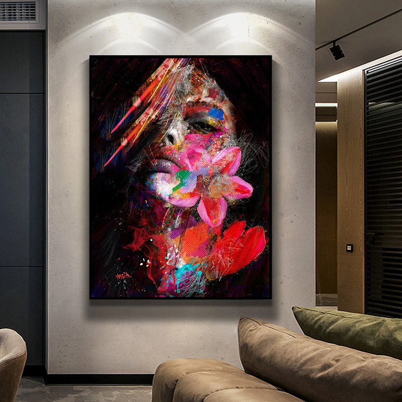

Canvas Painting Abstract Women With Flower Graffiti Art Posters And Prints Wall Art Pictures For Living Room Home Decoration