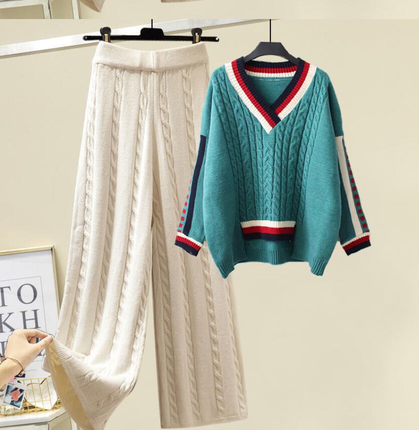 

Women's Tracksuits Brand Designer Casual Knitted Suits 2 Piece Set Warm Turtleneck Sweater Pullovers Wide Legs Pants, 03