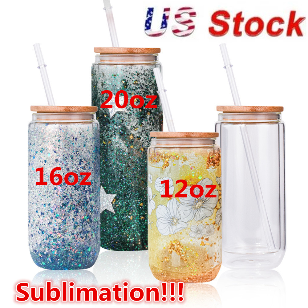 

US Stock 12oz/16oz Double Wall Sublimation Glass Tumblers Mugs Can Snow Globe Beer Frosted Drinking Glasses With Bamboo Lid And Reusable Straw