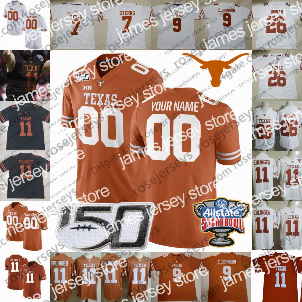 

American College Football Wear 2020 Texas Longhorns Football #7 Jake Smith Texas Longhorns 9 Al'Vonte Woodard 18 Jared Wiley 83 Kai Money 150TH Men Youth Kid Jersey, White with sugar bowl