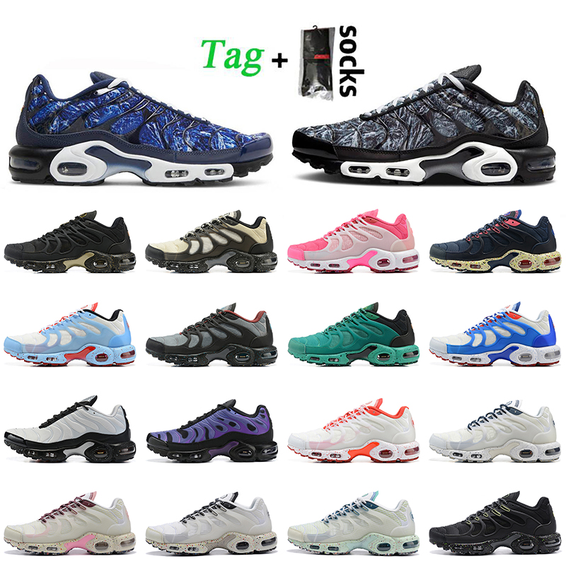 Baskets accordées avec chaussettes TNPLUS Chaussures de course 2022 Femmes Hommes Tn Plus Terrascape Shattered Ice Noir À peine Volt Minuit Bleu
