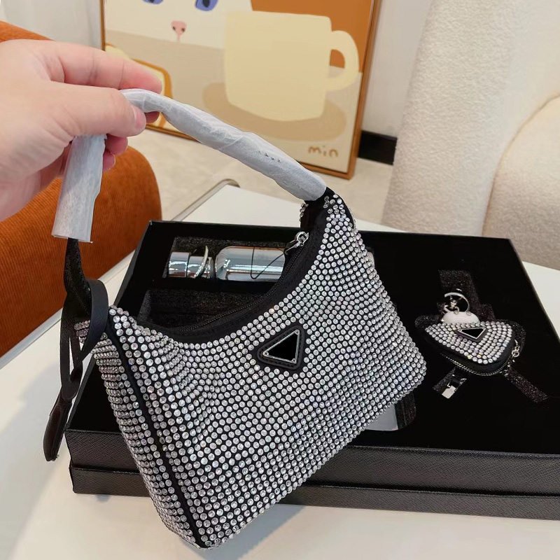 

High Quality Bags Gift Box Handbag Kettle Key Case Coin Purse Shiny Stick Diamond Half Moon Armpit Bag Three Piece Cute Pendant Canvas Hobo Bag casual Handbags, Black diamond