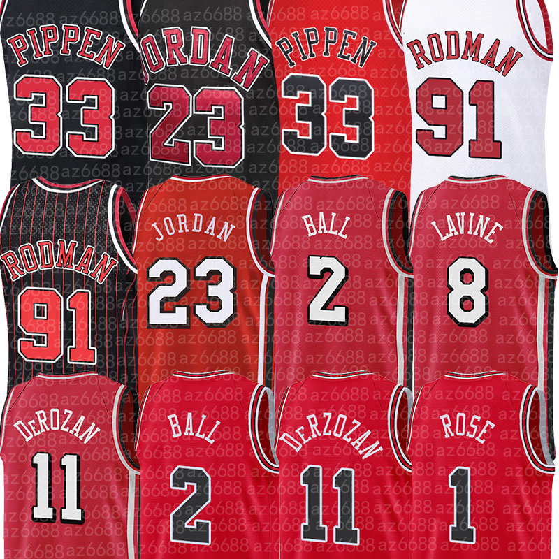 

Mens Basketball Jerseys Michael 23 Mj Dennis 91 Rodman Scottie 33 Pippen Shorts Lonzo Ball Demar DeRozan Black Red White Stitching Chicago''Bulls''Derrick Rose, Jersey