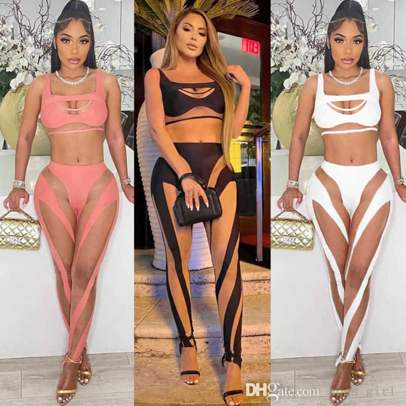 

2022 Designer Womens Sexy Sheer Yoga Pants Tracksuits Hollow Out Perspective Mesh Splicing Vest High Waist Casual Two Piece Pants Set, White