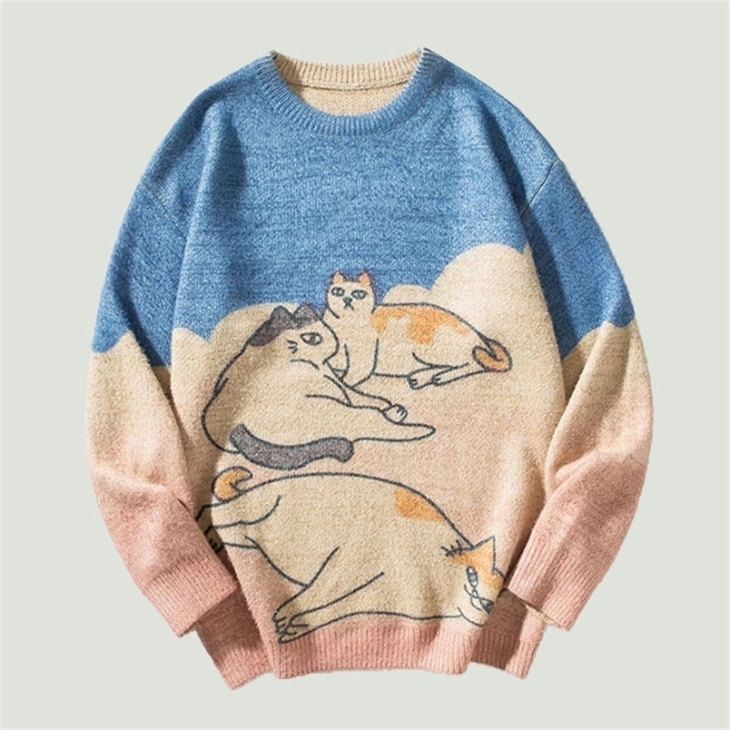 Pulls pour hommes pulls tricotés surdimensionnés pour hommes Harajuku abstrait motif de chat pour animaux de compagnie imprimé patchwork pulls hi