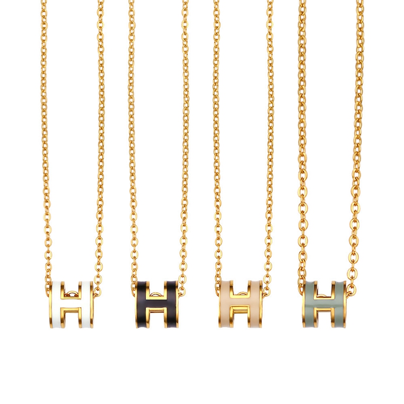 

Simple Enamel H Necklace Love Pendants Cubic Zirconia Titanium Steel Fashion Jewelry for Women Chain New Friend Gift S223