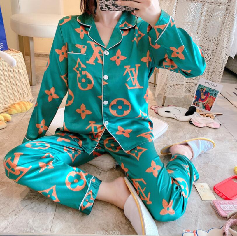 

Women's Clothing Women Sleep Two Piece Long Sleeve Top Shirt Trouser Old flower comfortable home clothes ice silk pajamas High fashion luxury brand