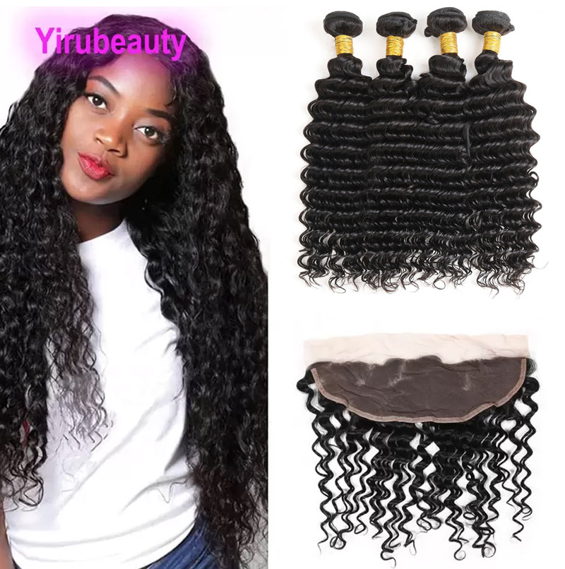 

Brazilian Human Hair 4 Bundles With 13x4 Lace Frontals Deep Curly 5PCS Double Wefts 10-30inch Natural Color Free Part