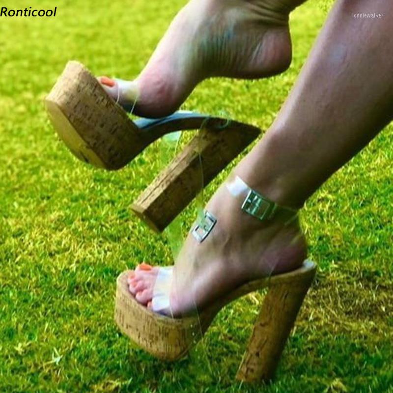

Sandals Ronticool Customize Color Women Platform Transparent Strappy Cork Block Heels Open Toe Brown Party Shoes US Size 5-20, B0672 customize