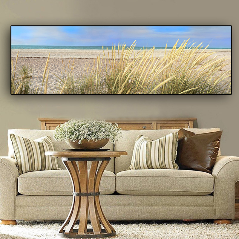 

Wall Canvas Art Seascape Beach Landscape Painting Poster HD Print Sky Island Sand Dunes Tail Grass Wall Pictures For Living Room