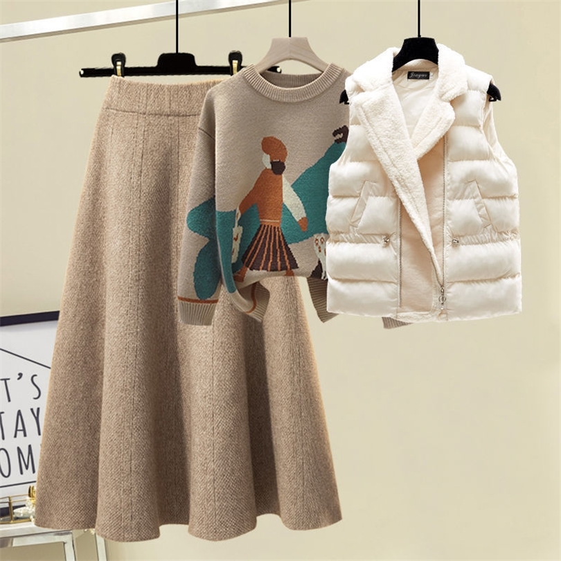 Deux pièces robe hiver chaud pull 3 pièces ensemble femmes dessin animé pull en laine d'agneau gilet Aline jupe tricoté costume grande taille sur