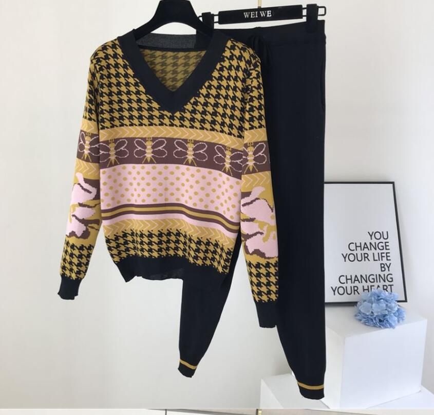 

Women's Tracksuits Two Piece Sets bee Vintage Print Long Sleeve V-neck Patchwork Pullover Suit Ankle-length Pants Tracksuit Knit Outfits, 02