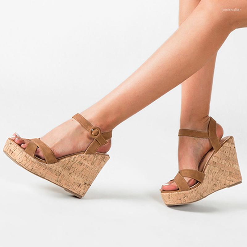 

Sandals Height Increasing Shoes Women Fairy Cross Strap Round Buckle Solid Wedges Heels Platform Sandalias Zapatos Mujer, Brown