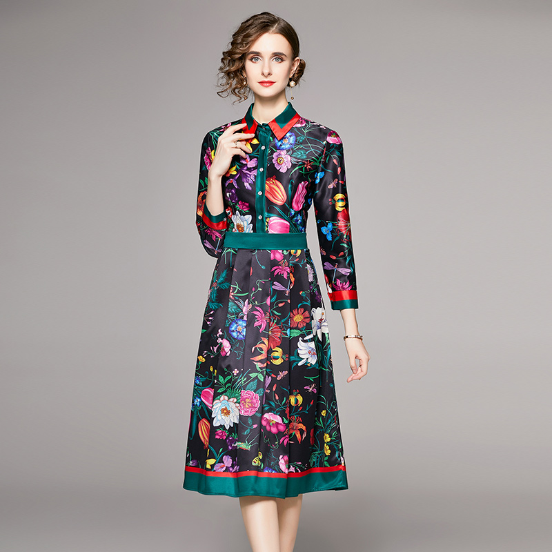 

2022 Retro Floral Designer Dress Women Lapel Classic Button Up Shirt Dresses Spring Autumn Long Sleeve Office Lady Print Pleated Midi Frocks Party Prom Woman Clothes