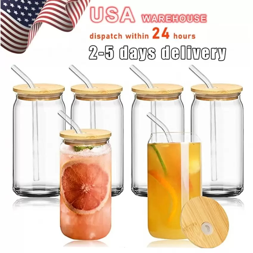 

US stock 12oz 16oz Sublimation Glass Beer Mugs with Bamboo Lid Straw DIY Blanks Frosted Clear Can Shaped Tumblers Cups Heat Transfer Cocktail Iced Coffee Soda F0412, Clear with lid and straw