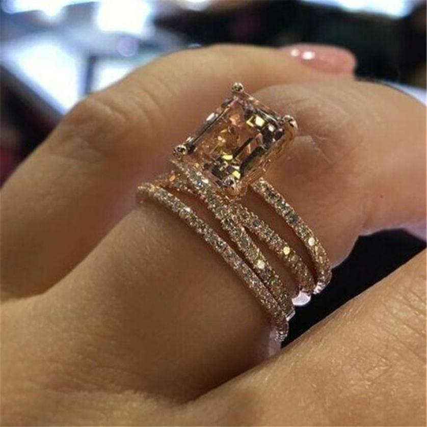 

New Rectangle Diamond Women Rings Fashion Rose Gold Charm Ring Engagement Shining Rings Jewelry Birthday Xmas gifts298B