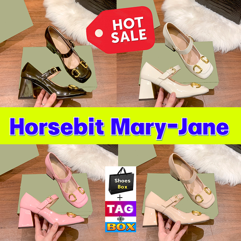 

Horsebit Mary-Jane Heels Dress Shoes with pin-buckle strap Patent Leather chunky heel Apricot Black Pink White Woman shoe High Heeled Womans sandals Block Heel Slides