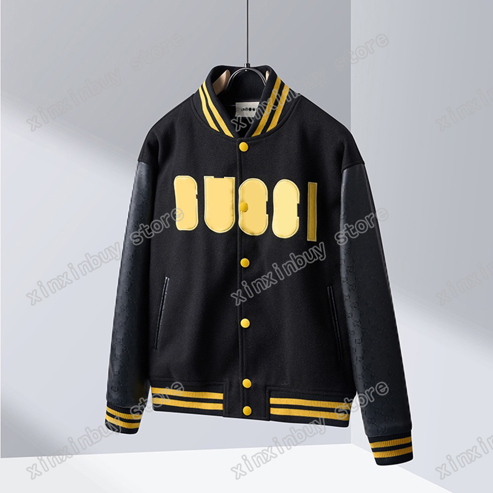 

xinxinbuy Men designer Coats Jacket Pineapple embroidery Leather Panelled sleeve emboss letter women black yellow M-2XL, Multi