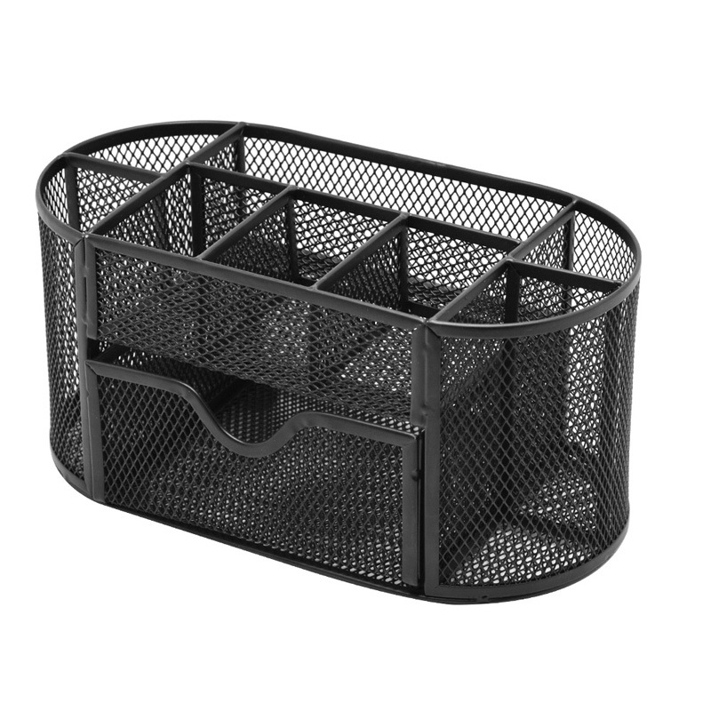 

Desktop Metal Pen Case Black Pen Holder Wrought Iron 9 Grid Multifunctional Stationery Storage Box with Drawer 1223082
