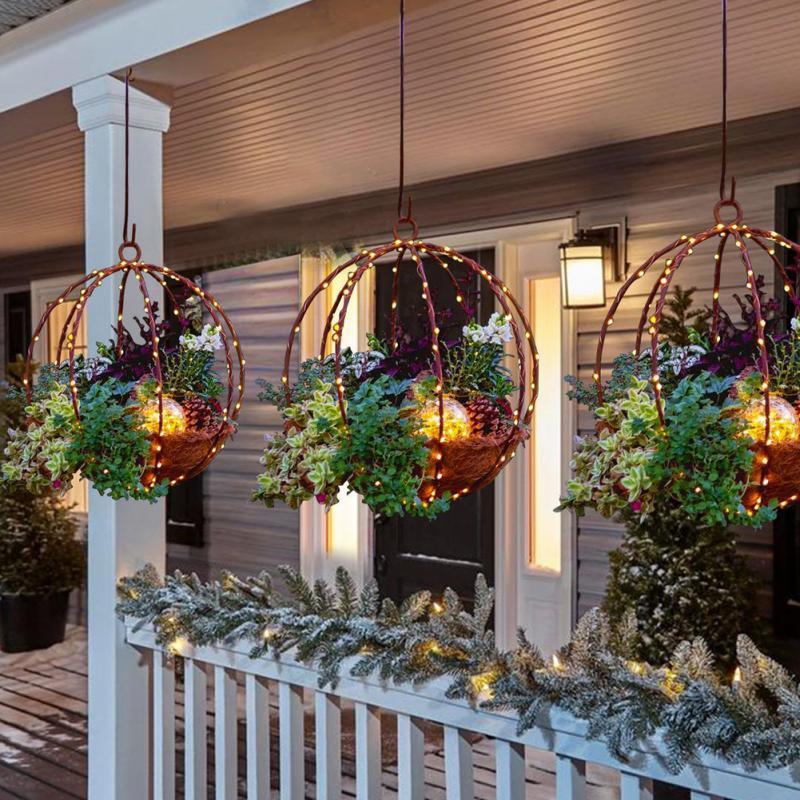 

Christmas Decorations Hanging Decoration Luminous Artificial Flower Basket With Light String DIY Ornament Outdoor Decor