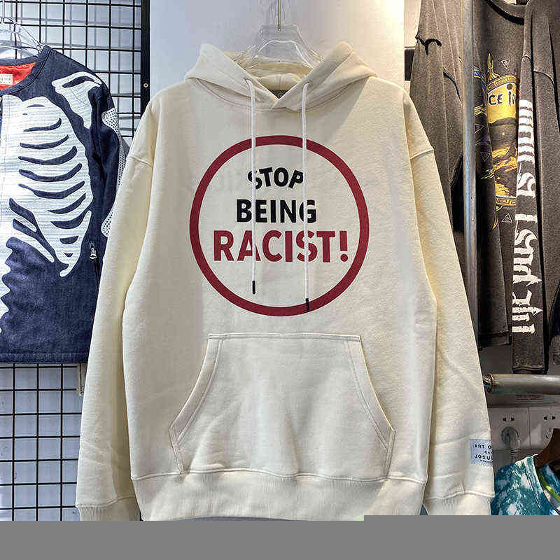 

Men's Hoodies Sweatshirts Best Quality Stop Being Racist vintage Men Hoodie Beige Plus Velvet Thickening Pullovers Oversize Women Sweatshirts Men Clothing T220901