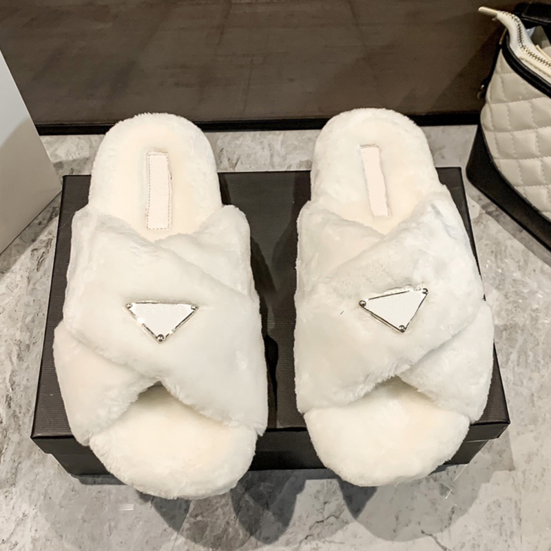 

Luxury Women's slippers In White Shearling Designer Flat Winter Slides Sandals Print Flats Mule Furry Black White Pink Slipper Wool Slide Size 35-42