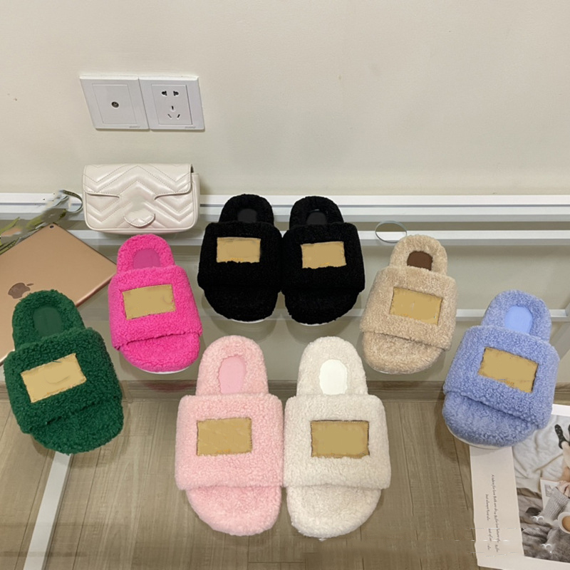 

Winter Wool Slides Slipper Womens Designer Sandals Flat Heels Warm Fur Sliders Embroidery Indoor Flats Shoes Lady Sandales With box, White
