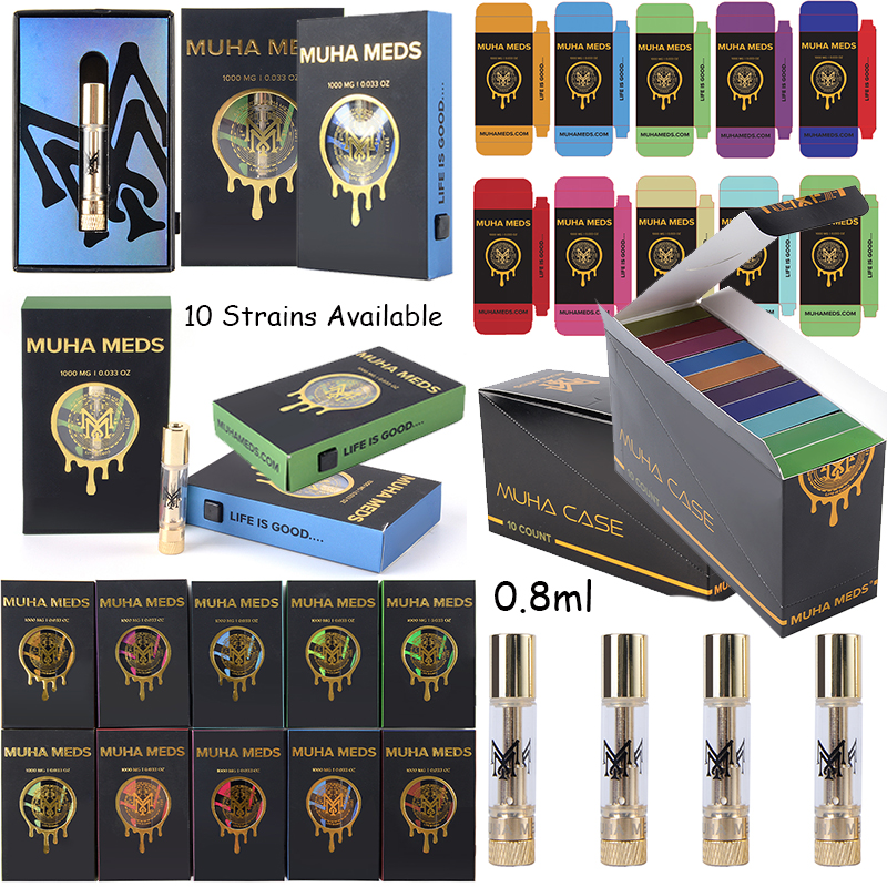 

Muha Meds 0.8ml Atomizers Vape Cartridges Packaging Box With Child Lock Empty Disposable Vape Pen Carts 10 Strians Wax Vaporizer E Cigarettes
